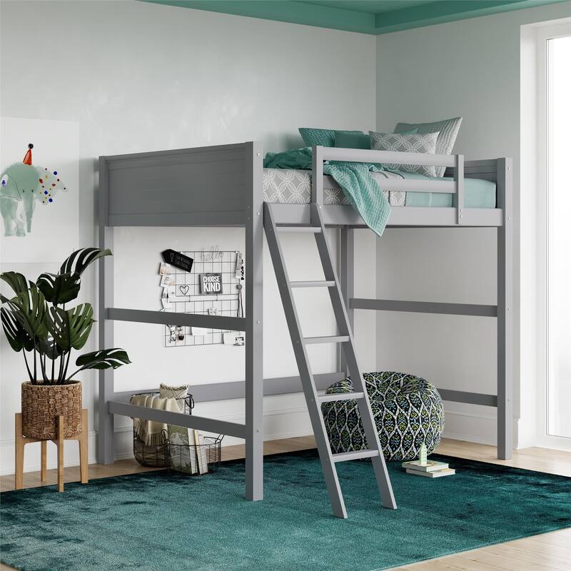 Full Size Loft Bed with Ladder and Guardrails for Kids, Space-Saving Design, Sturdy Wood Construction - Gray