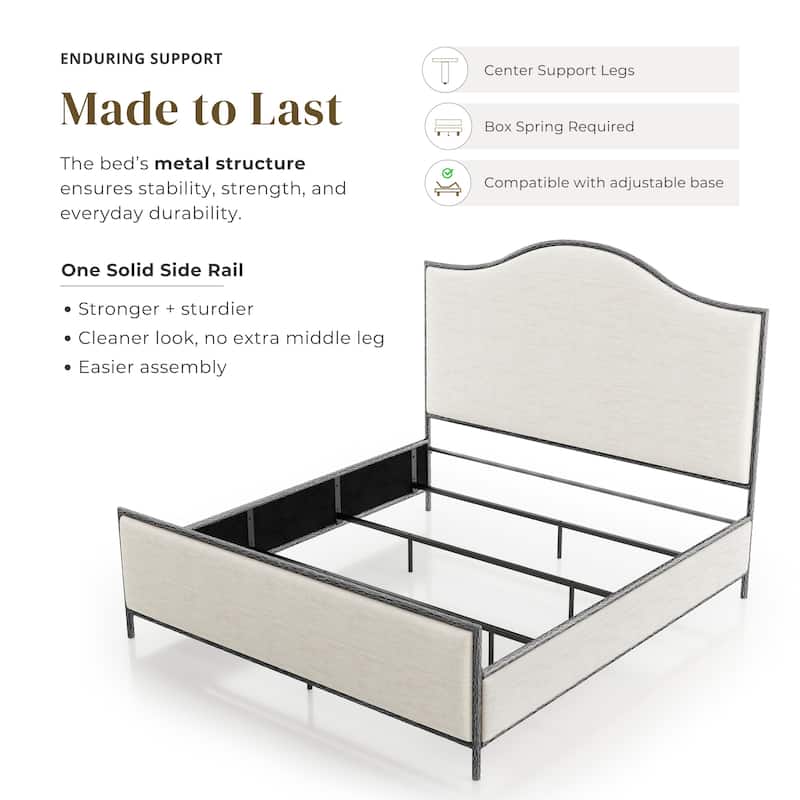 247 Shop At Home Lalia Modern 3-Piece Upholstered Hammered Metal Camelback Bedroom Set with 2 Nightstands