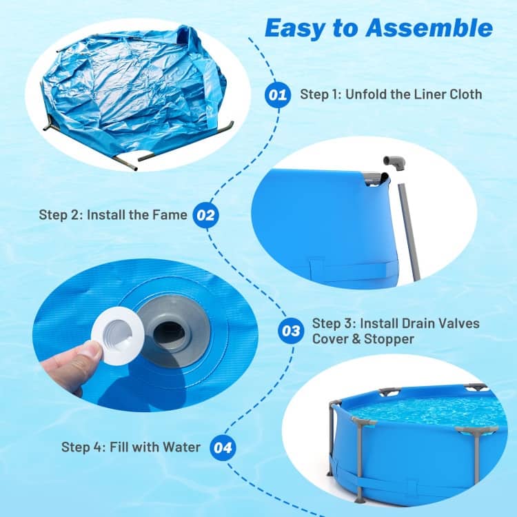 Blue-Grey PVC Metal Family Outdoor Ground Swimming Pool with Drain and Sturdy Frame
