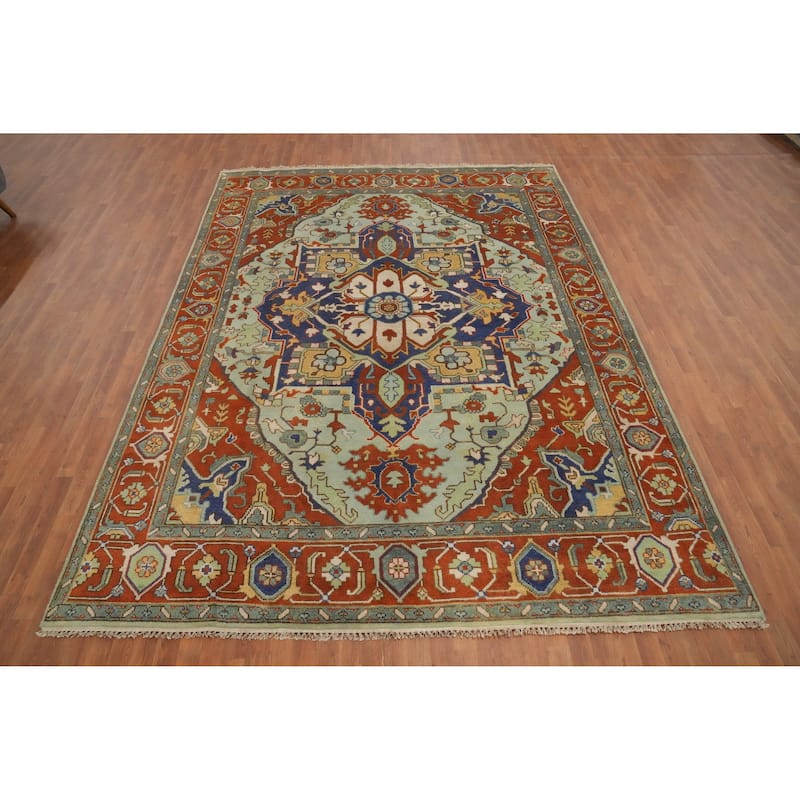 Hand Knotted Oriental 100% Wool Carpet Traditional Medallion Green Heriz (serapi) Area Rug - 11' 11'' X 8' 11''
