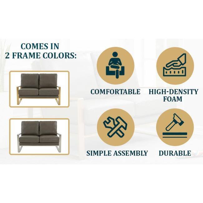 Jefferson Modern Leather Loveseat with Gold Metal Base, Cushion Seating, Pocket Springs, and Protective Floor Pads - 53.1