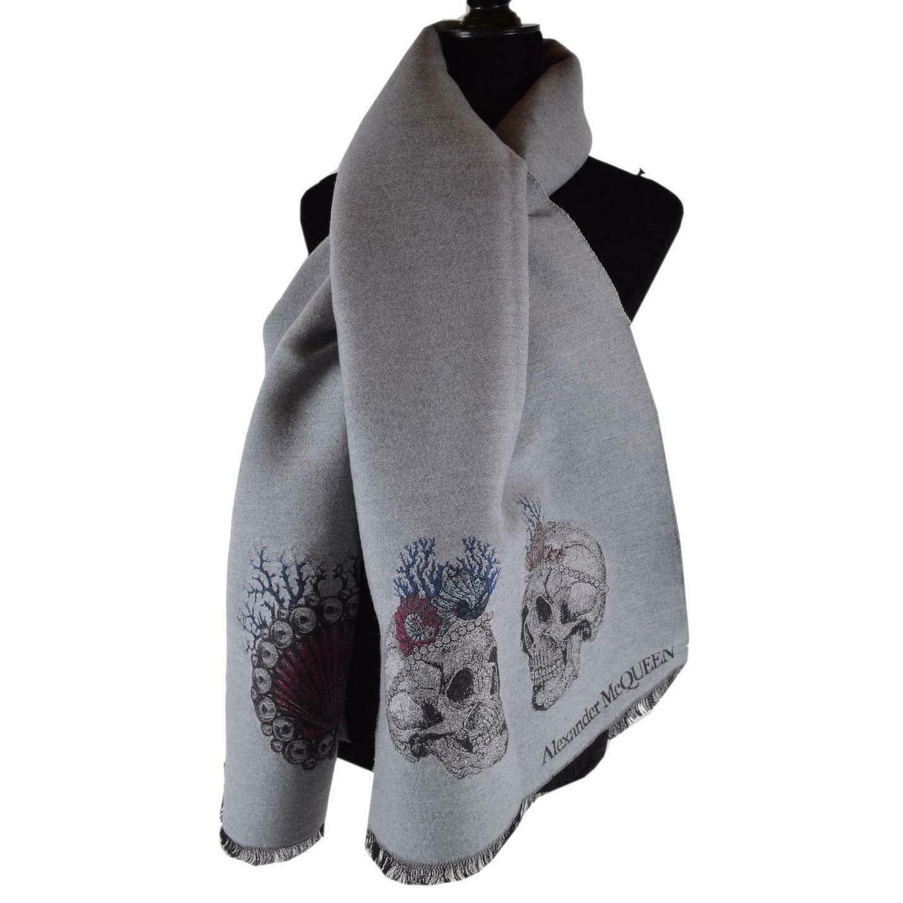 New Alexander McQueen 551506 Pink Wool Silk SEA MONARCH SKULL Scarf Wrap
