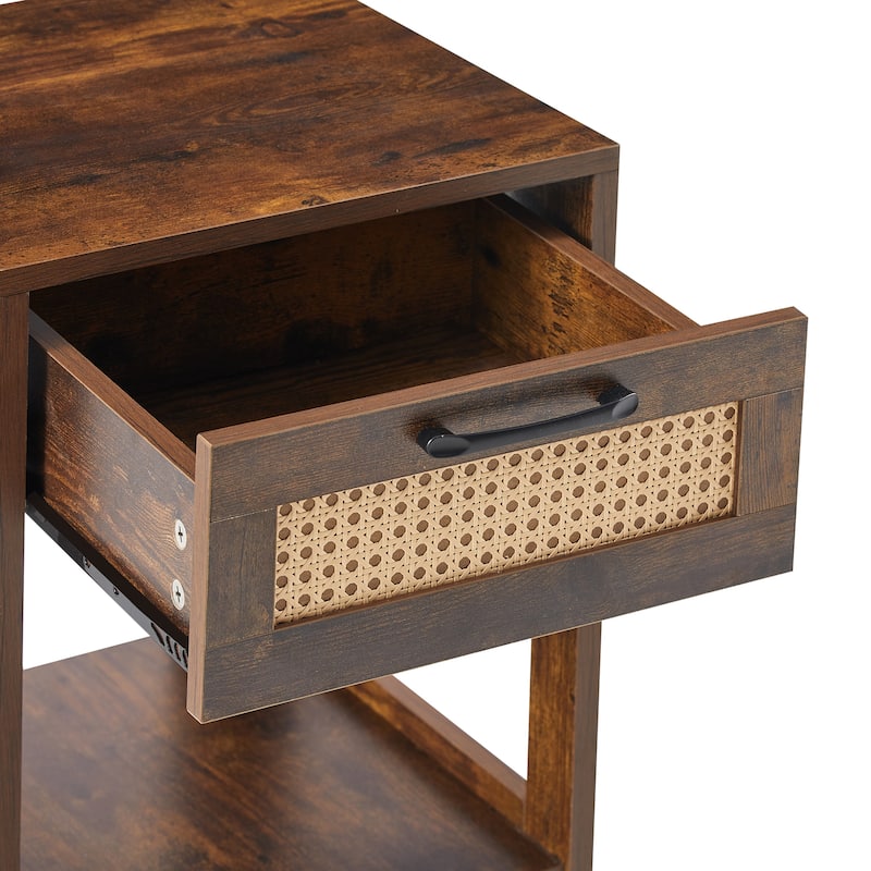15.75" Rattan End black table with drawer, Modern nightstand, side table for living roon, bedroom,natura