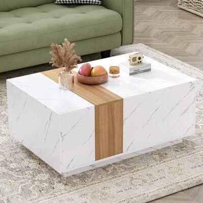 Modern Two-tone Coffee Table with Faux Marble and Walnut Wood Grain Finish,Rectangular Center Table with 2 Storage Drawers
