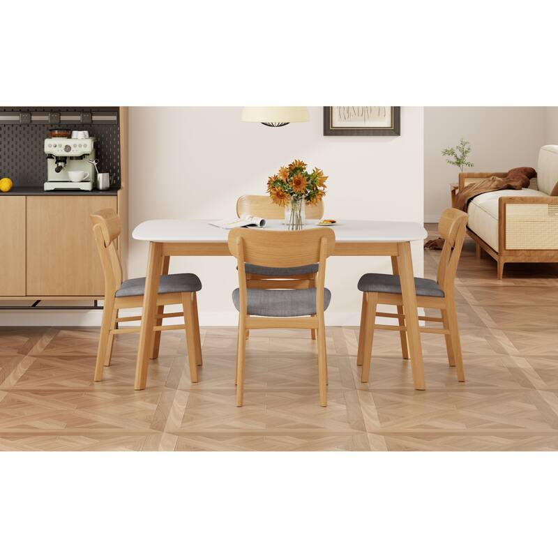 Roomfitters 5-Piece Mid-Century Dining Set, 59" White Oak Table with 4 Upholstered Solid Wood Chairs
