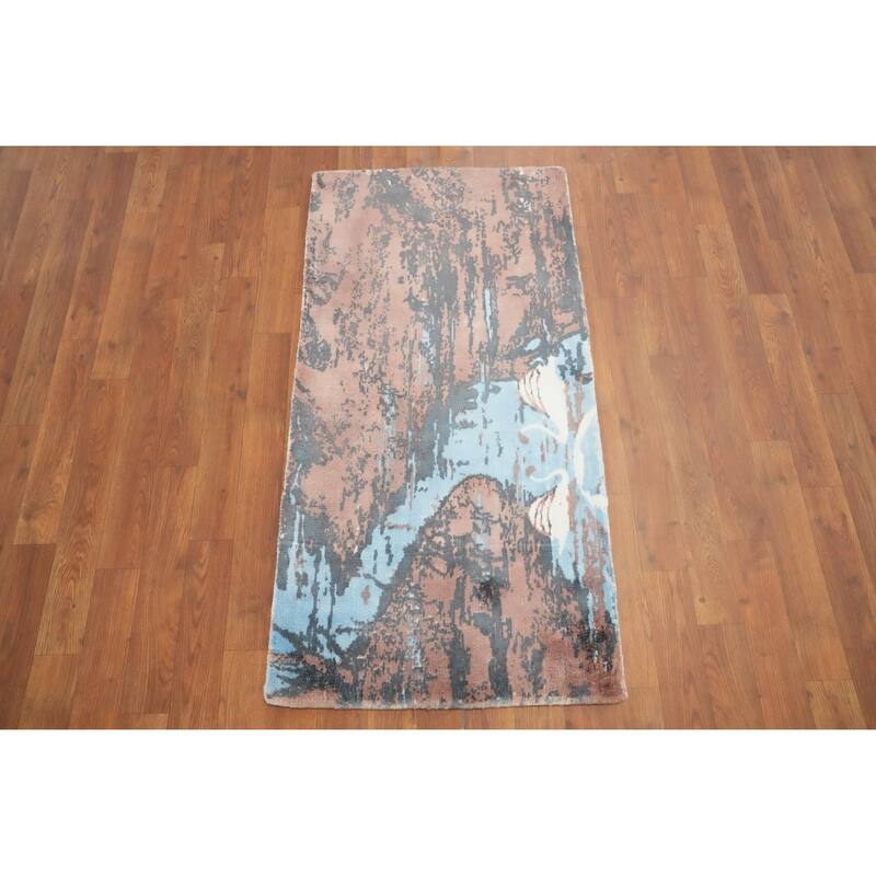 Hand Knotted Oriental Viscose Silk Carpet Modern Animal Pictorial Multi-Colored Abstract Area Rug - 4' 0'' X 2' 0''