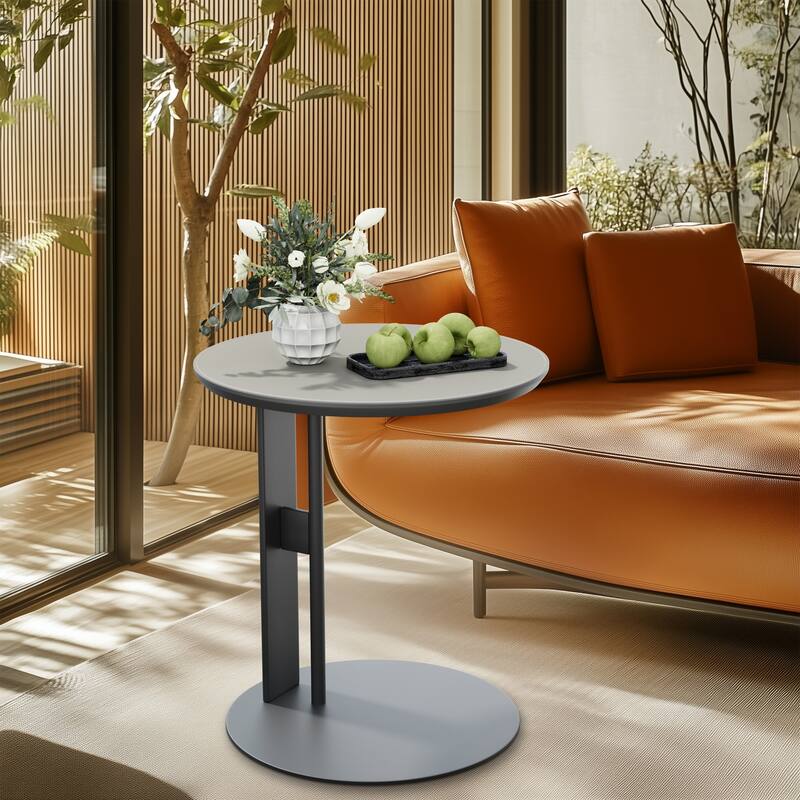 Modern Round End Table with Microfiber Saddle Leather Top and Metal Sandblasting Pedestal