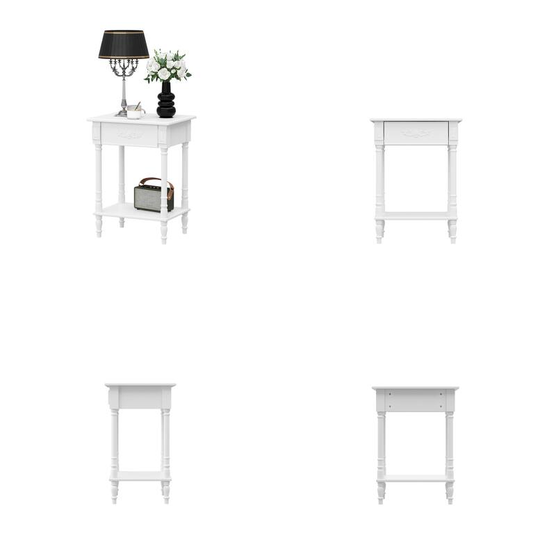 Vintage End Table with Drawer and Shelf, French Style Nightstand with Solid Wood Legs, White Accent Table