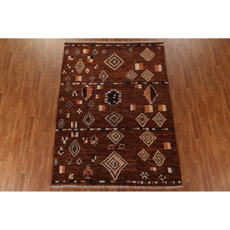 Hand Knotted Oriental 100% Wool Carpet Modern Tribal Brown Moroccan Area Rug - 9' 6'' X 6' 9''