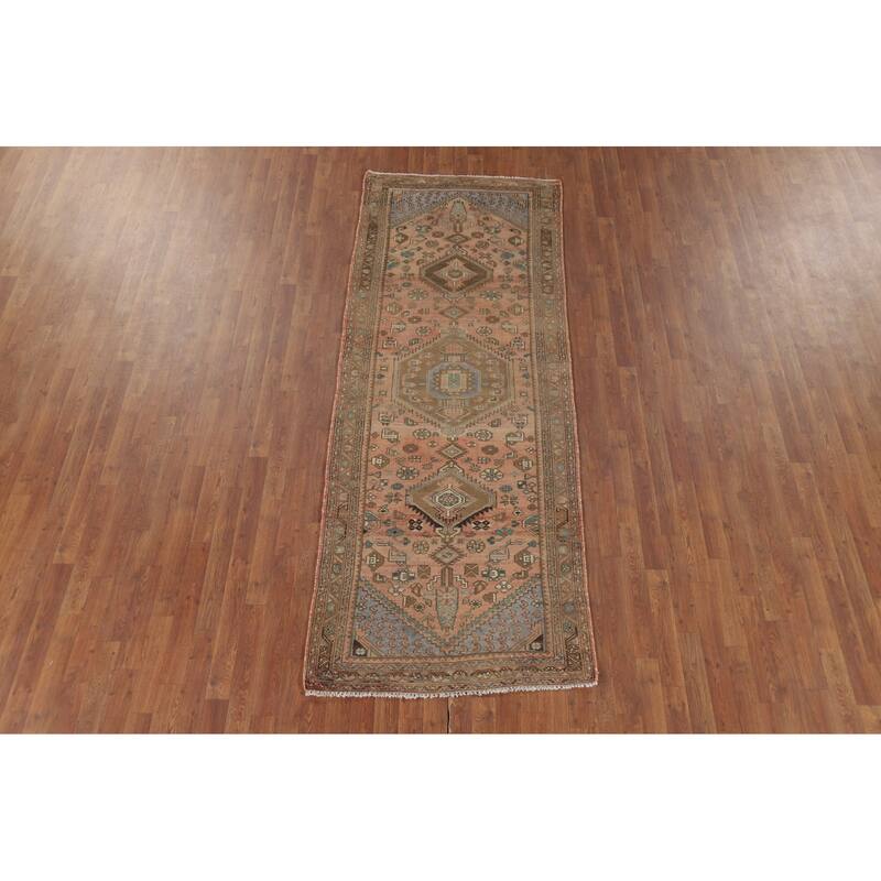 Geometric Hamedan Persian Vintage Runner Rug Handmade Wool Carpet - 3'5" x 9'3"