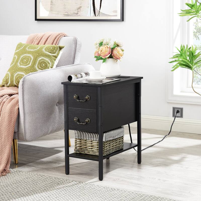 End Table with Charging Station, Narrow Chairside Table with Drawers & USB Ports & Power Outlets, Nightstand for Small Spaces - 1 Pcs - Black