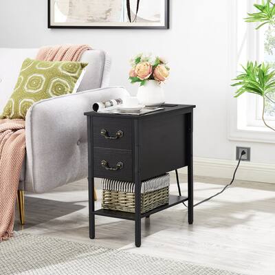 Retro 2-Drawer Nightstand with Charging Station 2 USB Port & 2 Power Outlets Tall End Table for Bedroom Living Room