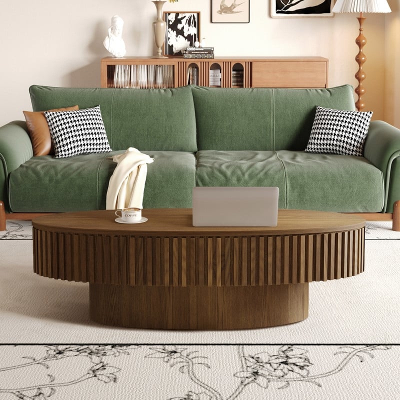 Modern 47" Oval Coffee Table with Storage Solid Wood Veneer for Living Room and Bedroom Decor - Brown