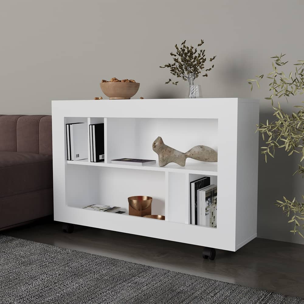 Anmytek White Rolling Storage Cart, Open Cubby Shelf Organizer, Living Room Side Table with Wheels