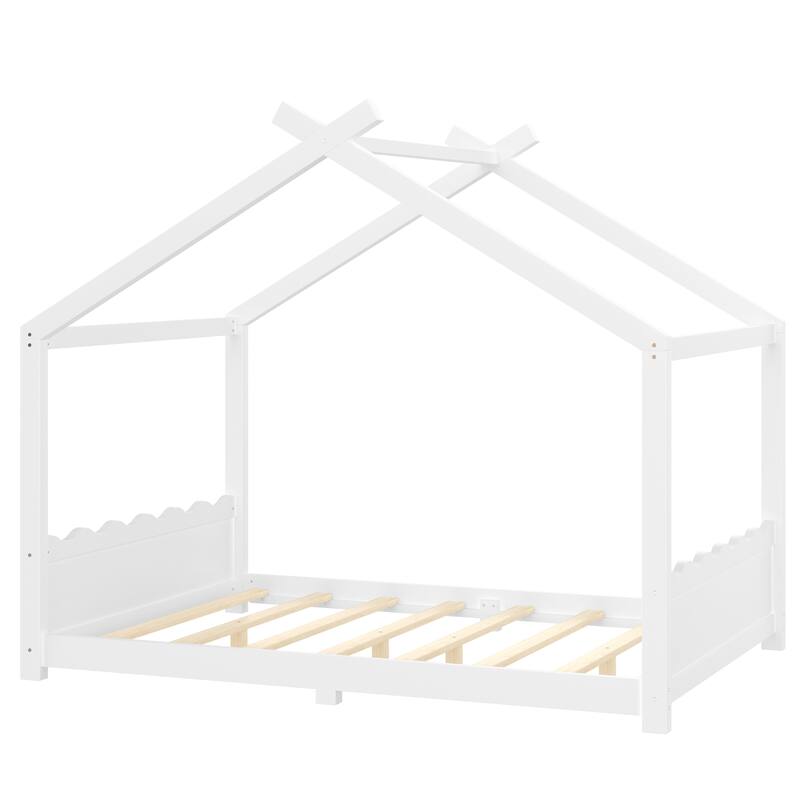 Full House Floor Bed with Support Slats, Solid Wood House Bed Frame for Kids, No Box Spring Needed