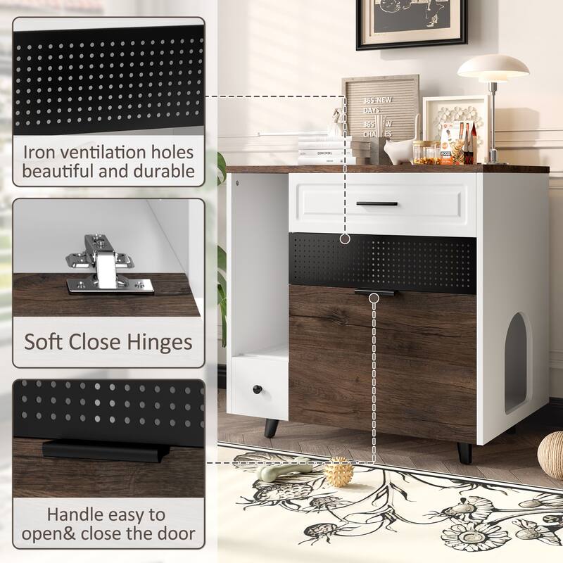 Cat Litter Box Enclosure, Indoor Hidden Cat Litter Box Furniture with 2 Drawers and Door