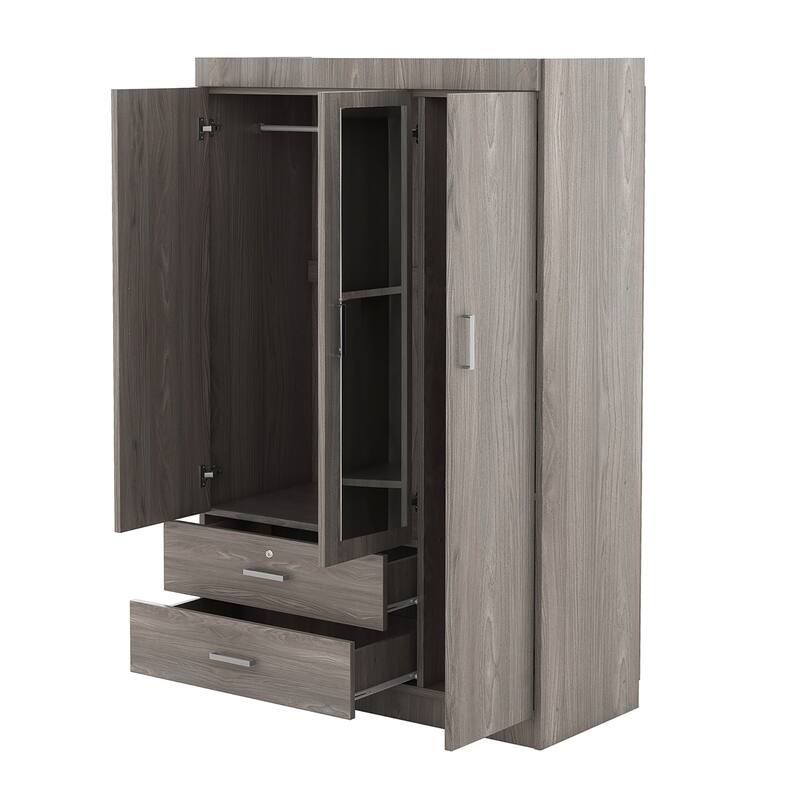 Modern 3-Door Mirror Wardrobe with Shelves and 2 Drawers, Grey