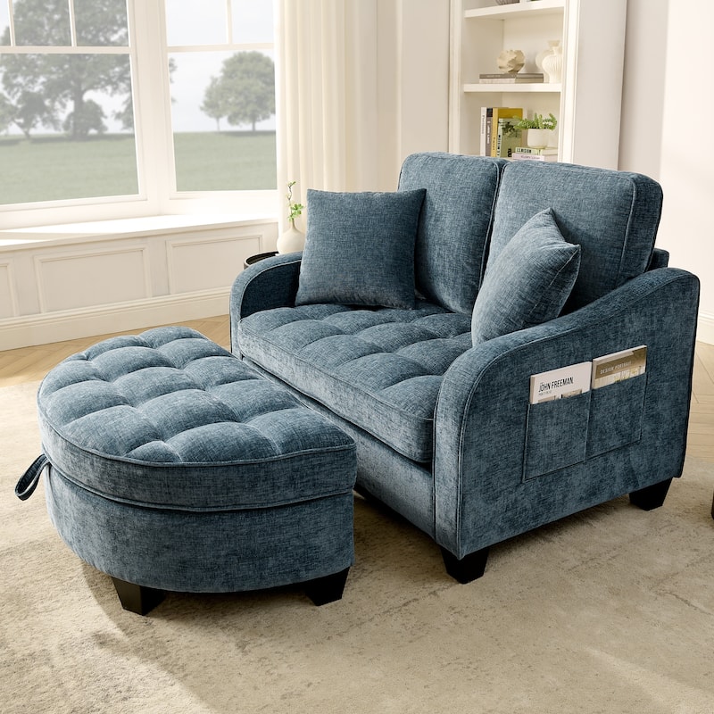 Two-Seater Chaise Longue Sofa with Storage Footrest, Irregular Armrests & Throw Pillows for Living Room & Bedroom