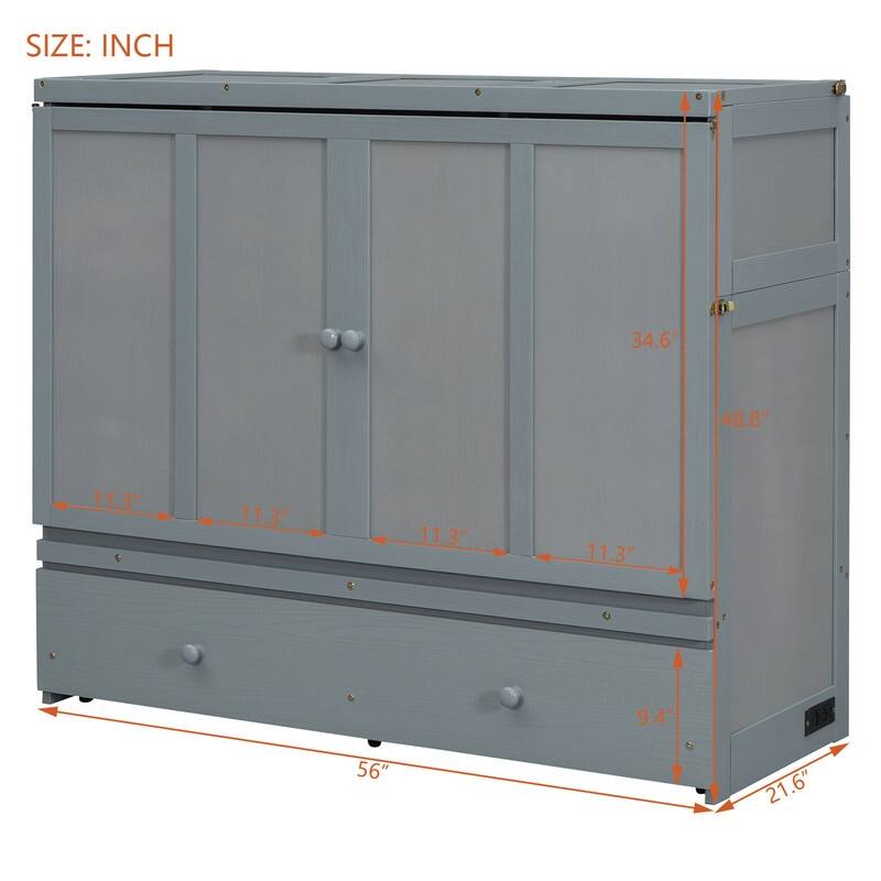 Full/Queen Size Murphy Bed Wall Bed with a Large Storage Drawer and USB Port, Solid Wood Murphy Cabinet Bed, Space Saving Design