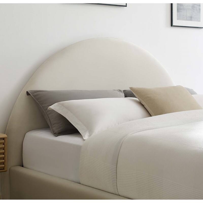 Palmetto Modern Round Headboard Off-white Velvet Upholstered King Size Platform Bed