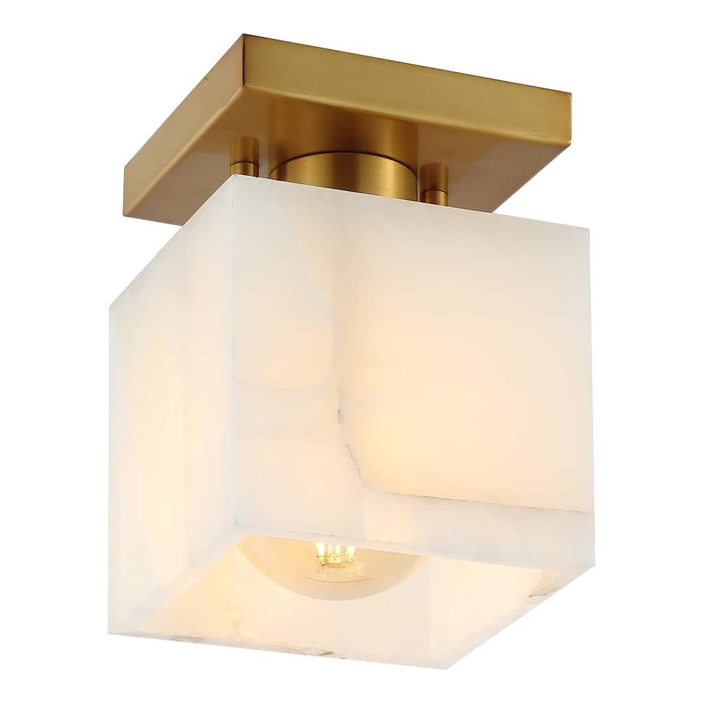 Chiara 5" 1-Light Modern Contemporary Alabaster/Iron Cube LED Semi Flush Mount, White Marbling/Brass Gold by JONATHAN Y