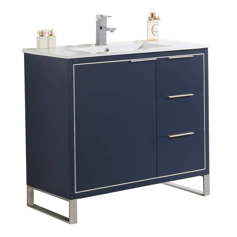 Fine Fixtures Opulence Collection Bathroom Vanity with White Ceramic Sink - 36 Inch - Navy Blue - Chrome Hardware