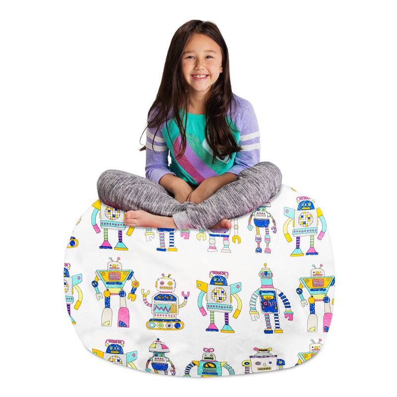 Kids Bean Bag Chair Cover Stuffed Animal Storage or Toy Organizer - 38 Inch Large - Canvas Robots on White