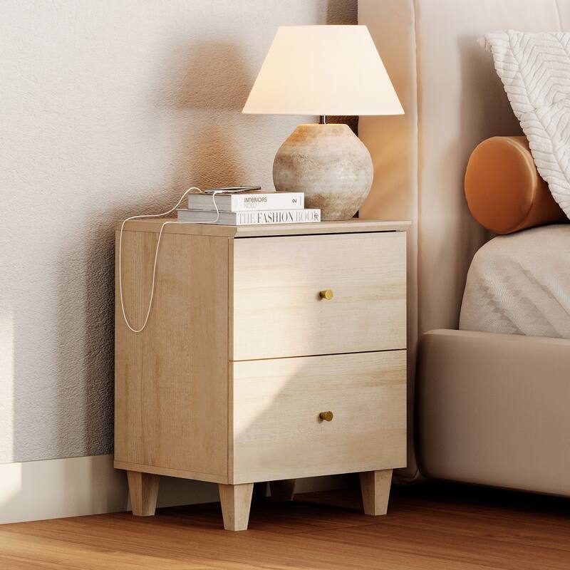 2 Drawer Nightstands with Charging Station for Bedroom - Light Oak - 2-drawer