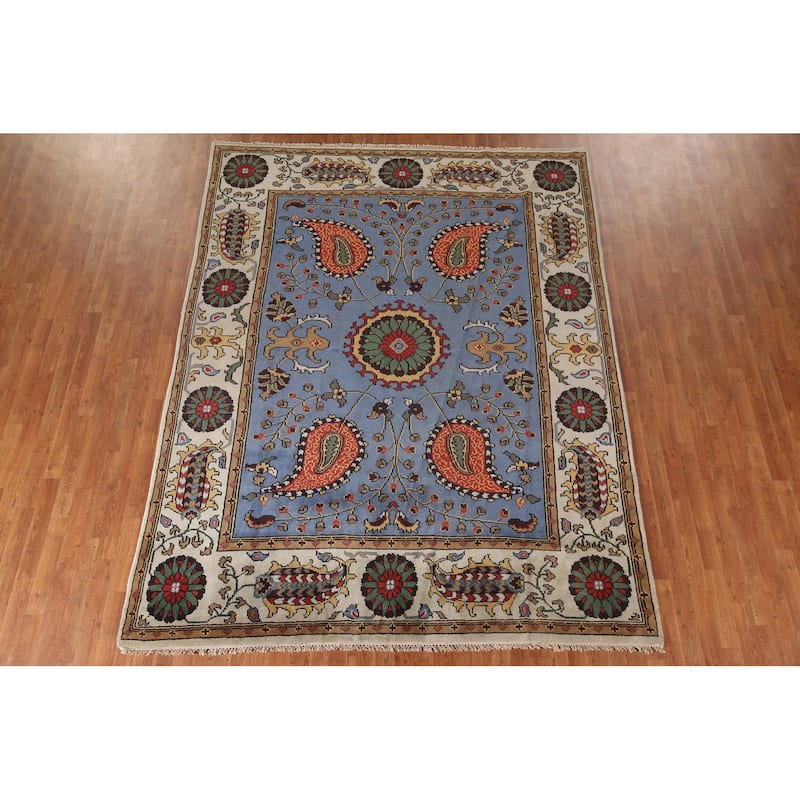 Blue Paisley Kazak Oriental Area Rug Wool Carpet - 7'10"x 10'2"
