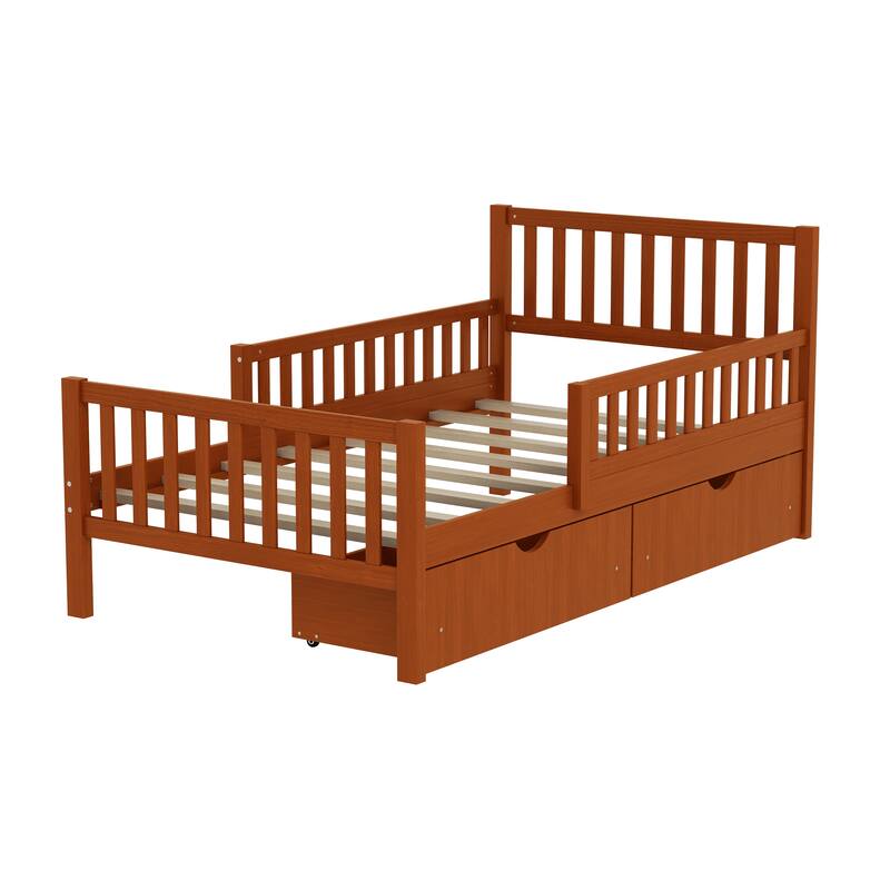 Wood Twin/Full Size Wood Platform Bed with Guardrails on Both Sides and Two Storage Drawers