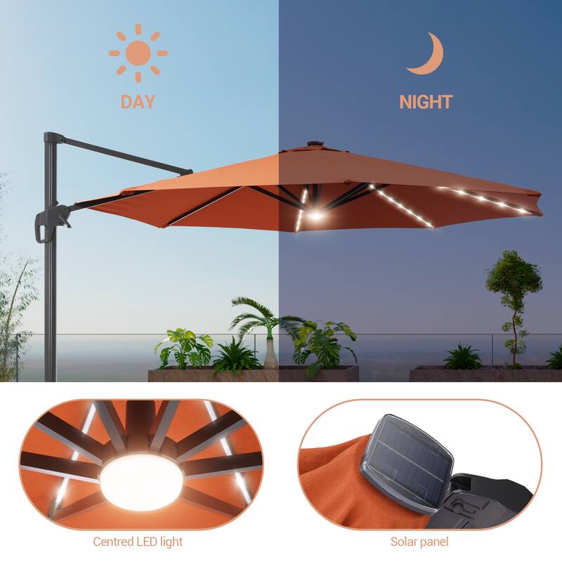 BONOSUKI 11FT LED Cantilever Patio Umbrella Angle Adjustment w/Cross Base