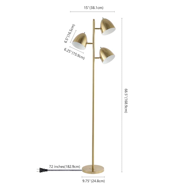 Eva 66.5" 3-Light Modern Contemporary Iron LED Floor Lamp, Brass Gold by JONATHAN Y
