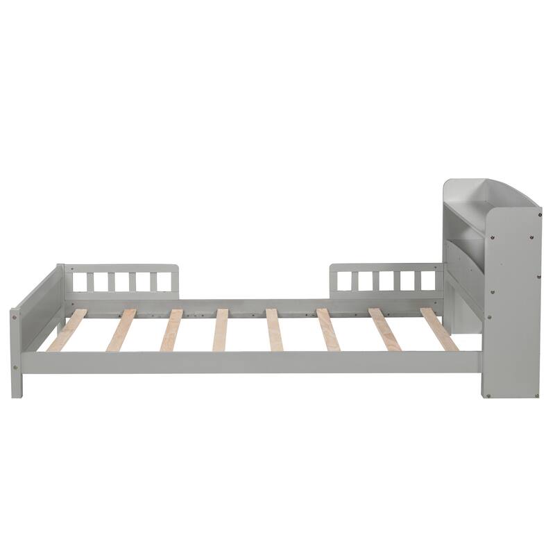 Twin Size Pine Bed w/ Bookcase Headboard ,LED Sensor Light, Guardrails