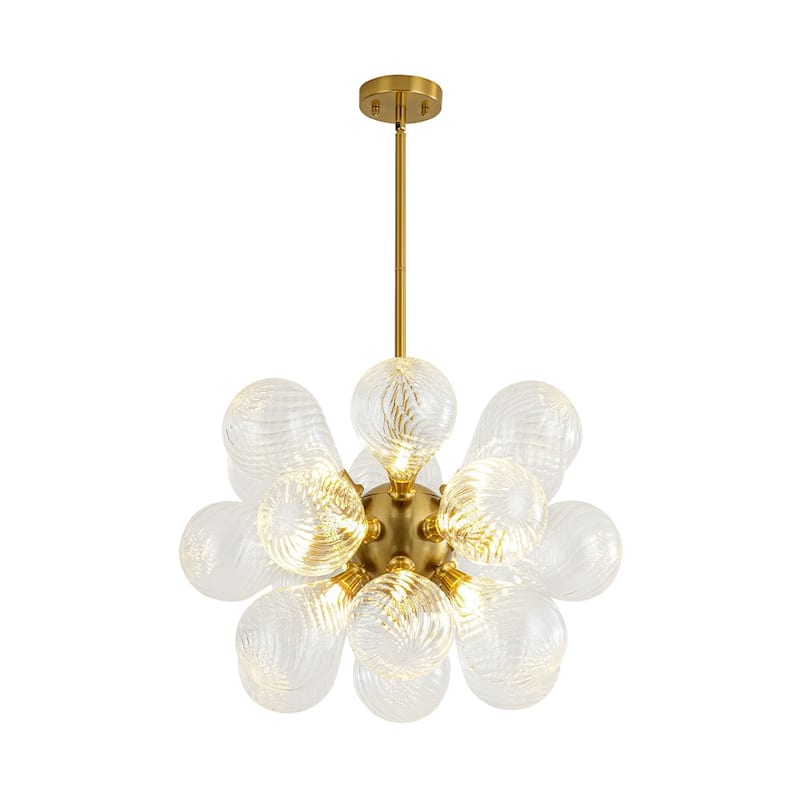 18-Light Cluster Blue Glass Bubble Chandelier - 25in Wide Gold - Swirled-Ribbed
