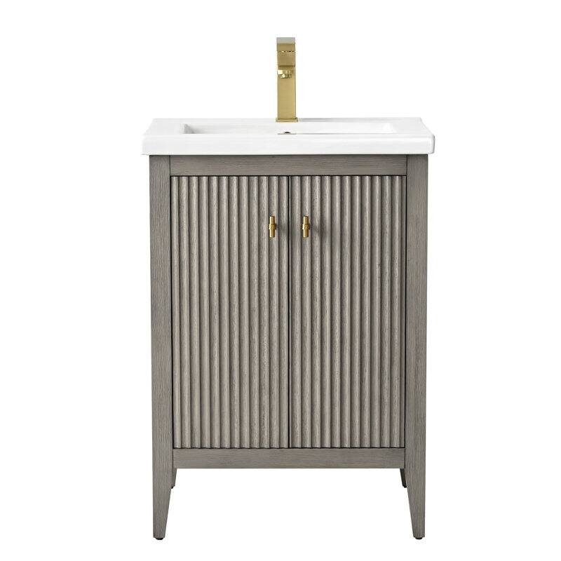 Vanity Art 24" Single Sink Bathroom Vanity Cabinet with Ceramic Top - 24"/Golden Brushed Handle - Linear Driftwood Gray