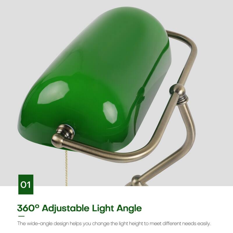 Antique Green Glass Bankers Desk Lamp Table Light w/ Pull Chain Switch - 9x7x15"