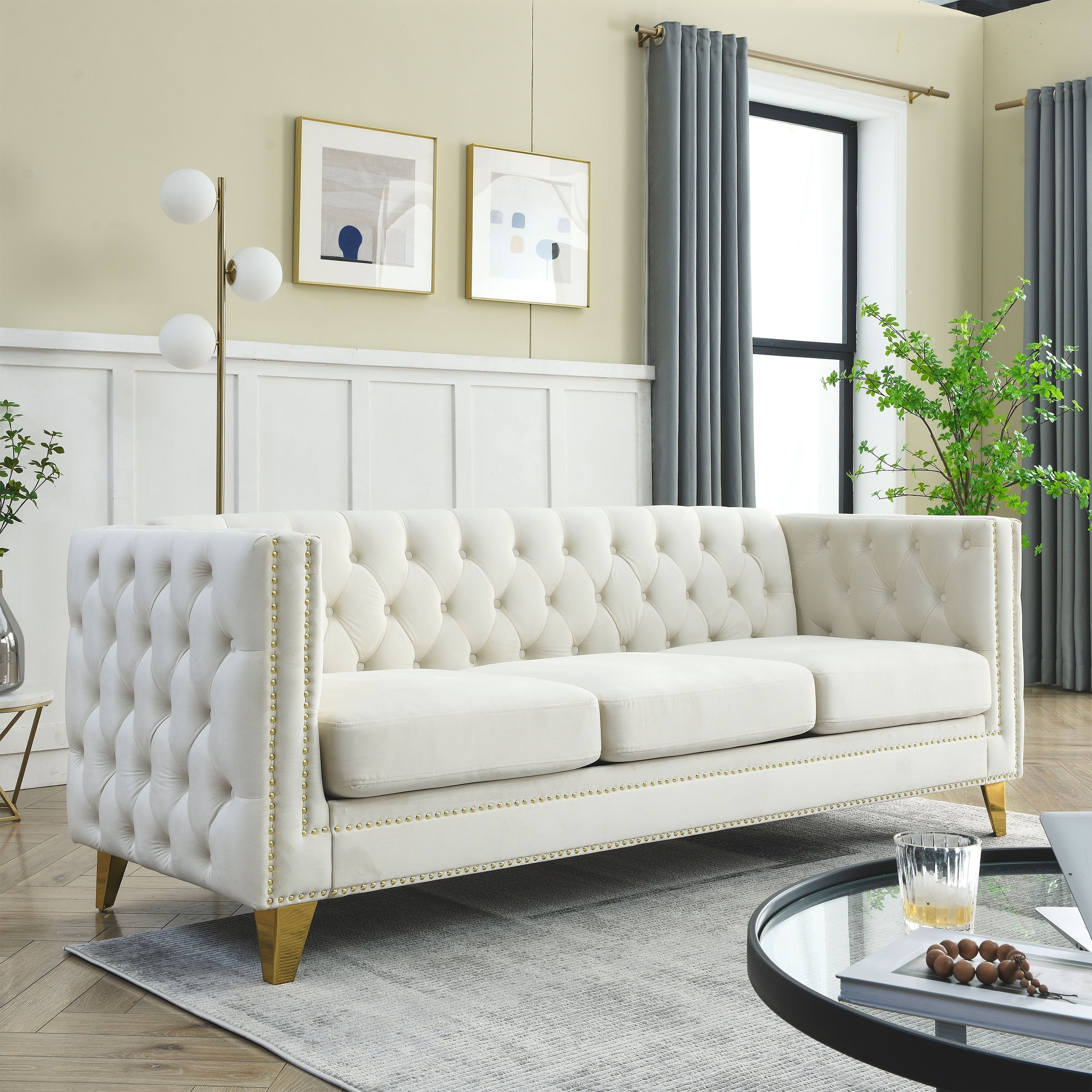 Velvet Sofa Couch for Living Room,Bedroom,Modern Buttons Tufted Square Arm Couch with Metal Legs
