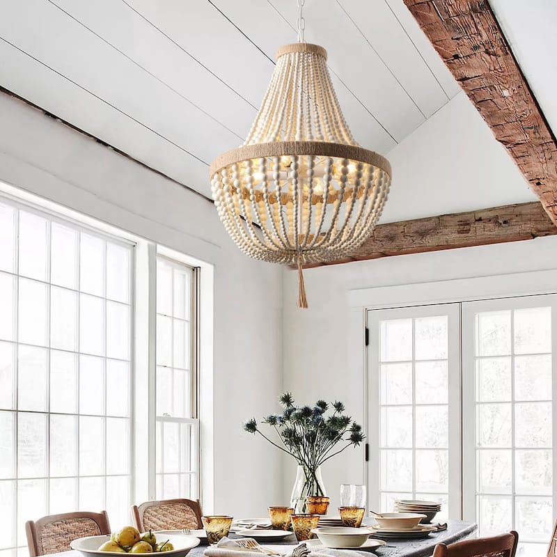 Retro Vintage 4-Light Wood Beaded Pendant Bohemian Home Decor For Kitchen Island