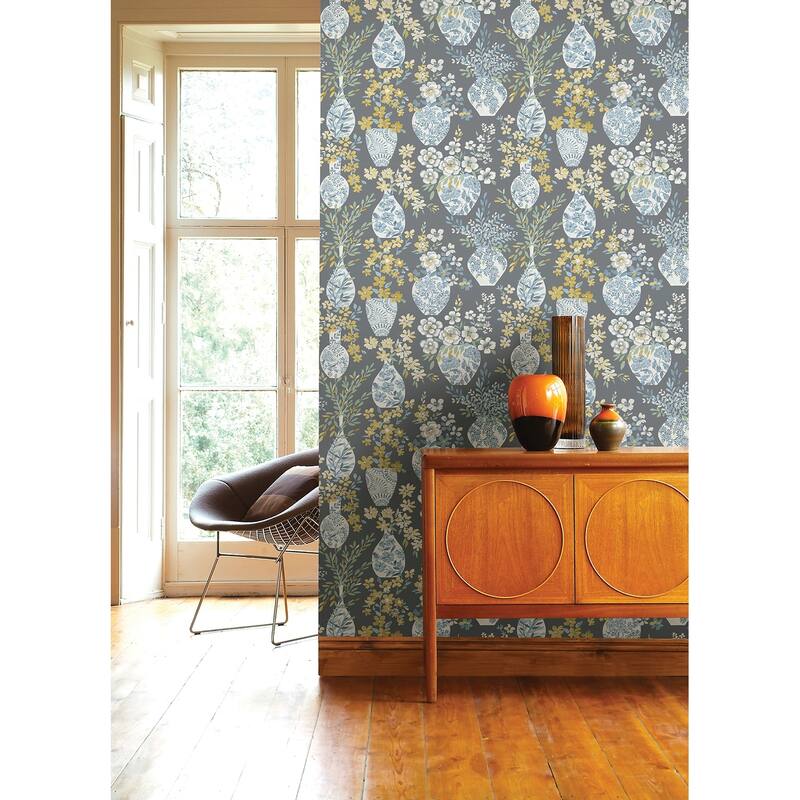 A-Street Prints Harper Grey Floral Vase Wallpaper