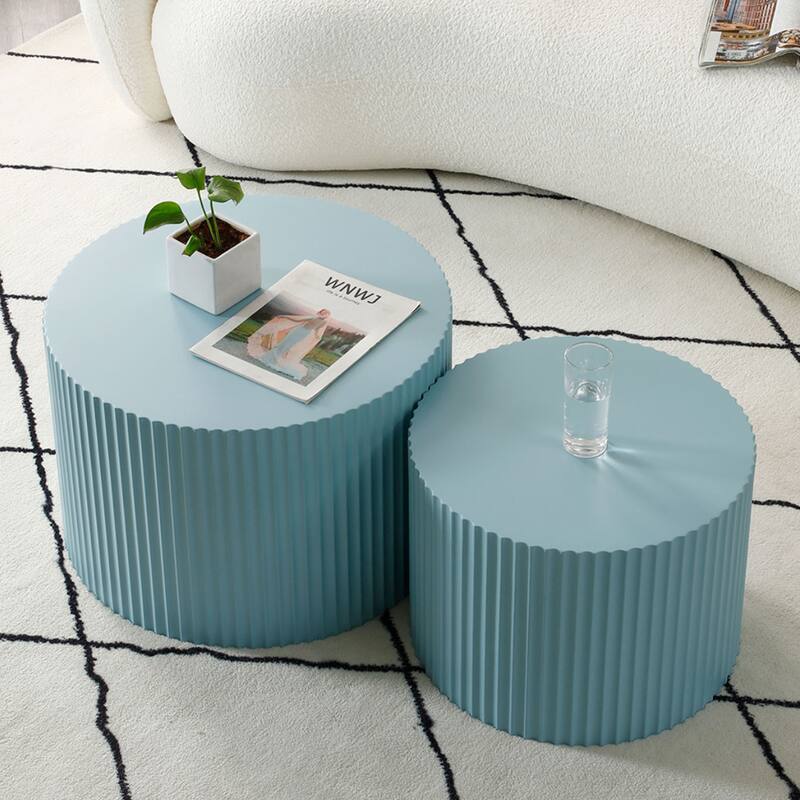 Modern Glam Relief Carving Round Accent Nesting Side Fluted Coffee Tables Set (2 Pack) No Assembled
