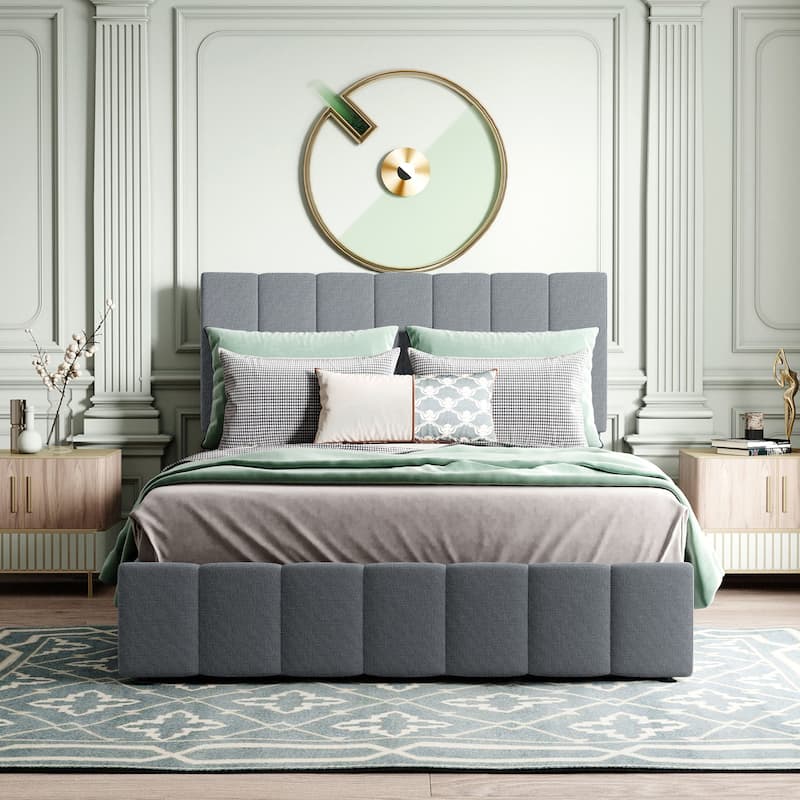 Linen Upholstered Bed Low Profile Platform Bed Storage Bedframe with Hydraulic Storage System, Headboard and Slats Support - Grey - Full