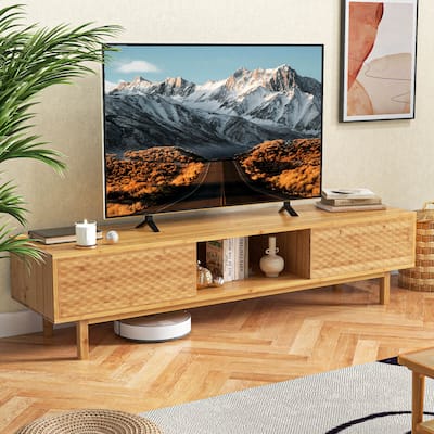 63" Bamboo TV Stand Entertainment Center w/Storage Cubes Sliding Doors