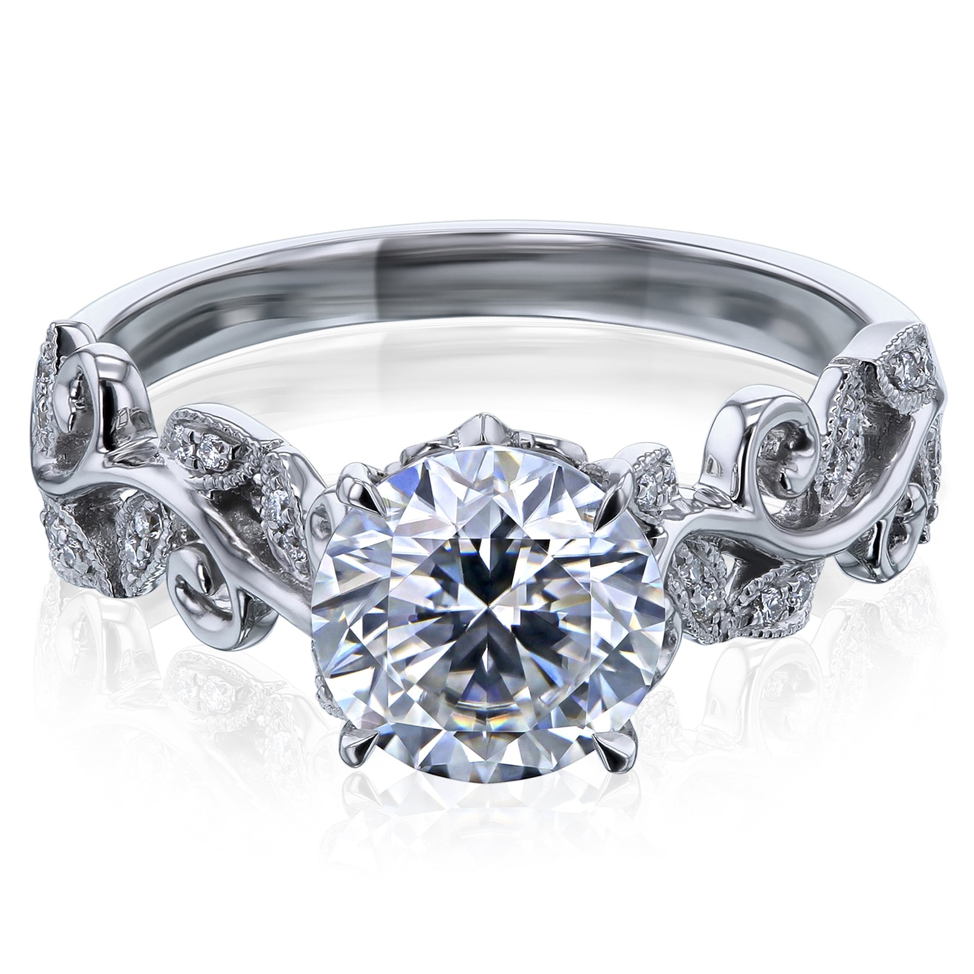 Kobelli 1.5 Carat Moissanite & Diamond 14k Solid White Gold Floral Wreath Laurel Ring