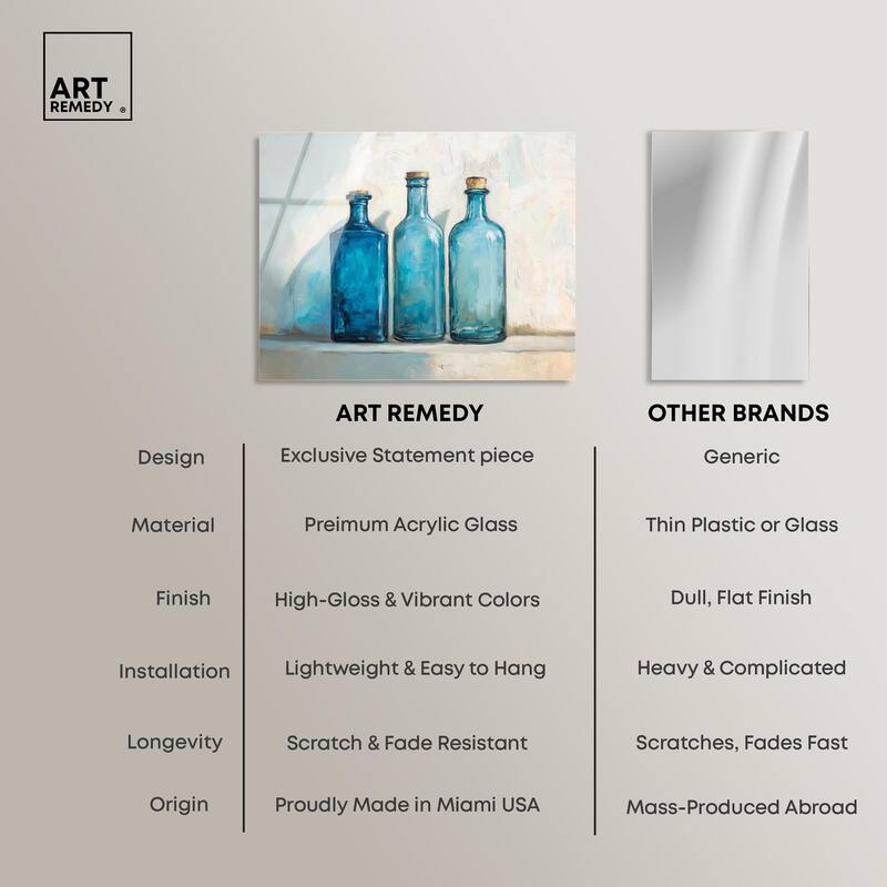 Three Blue Bottles Acrylic by Art Remedy, Ready to Hang