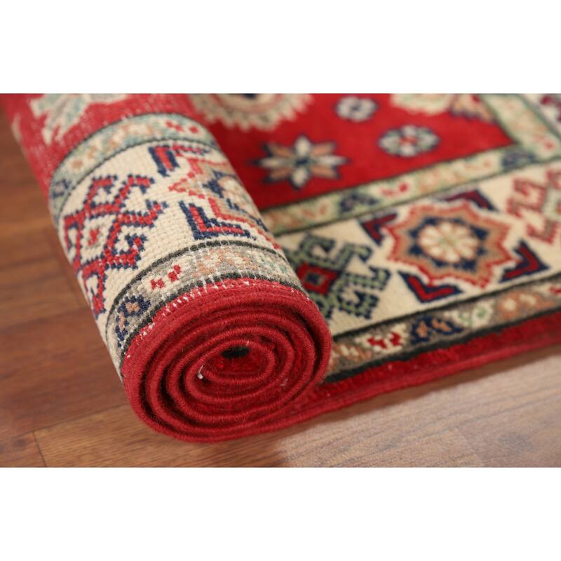 Kazak Oriental Accent Rug Hand-Knotted Red Geometric Wool Carpet - 2'8" x 4'2"