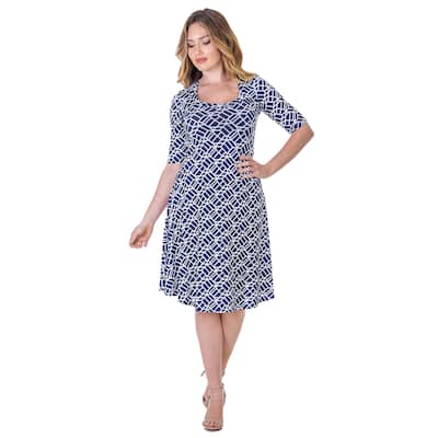 24seven Comfort Apparel Womens Navy Geometric Print Knee Length Elbow Sleeve Dress