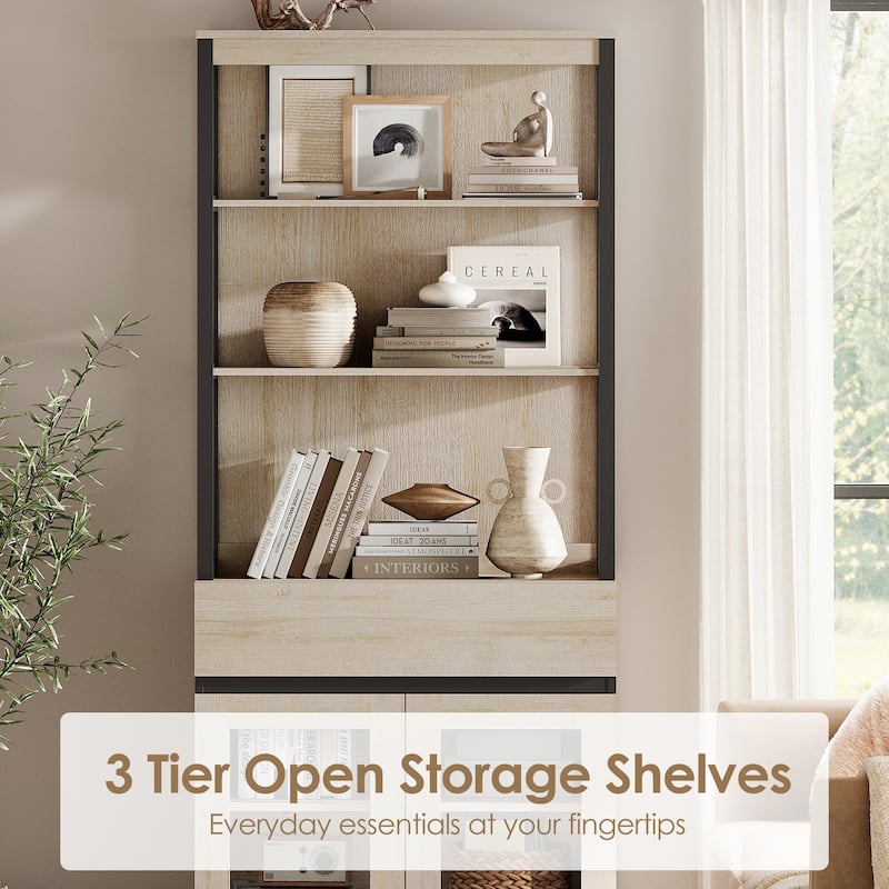 Modern Farmhouse Buffet Cabinet with 3 Tiers and 4 Cabinets, Wooden Sideboard for Dining Room or Kitchen