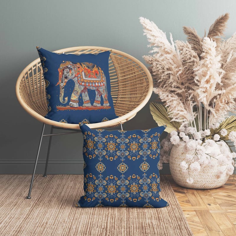 Decorated Elephant Indoor/Outdoor Reversible Throw Pillow Blue and Gray