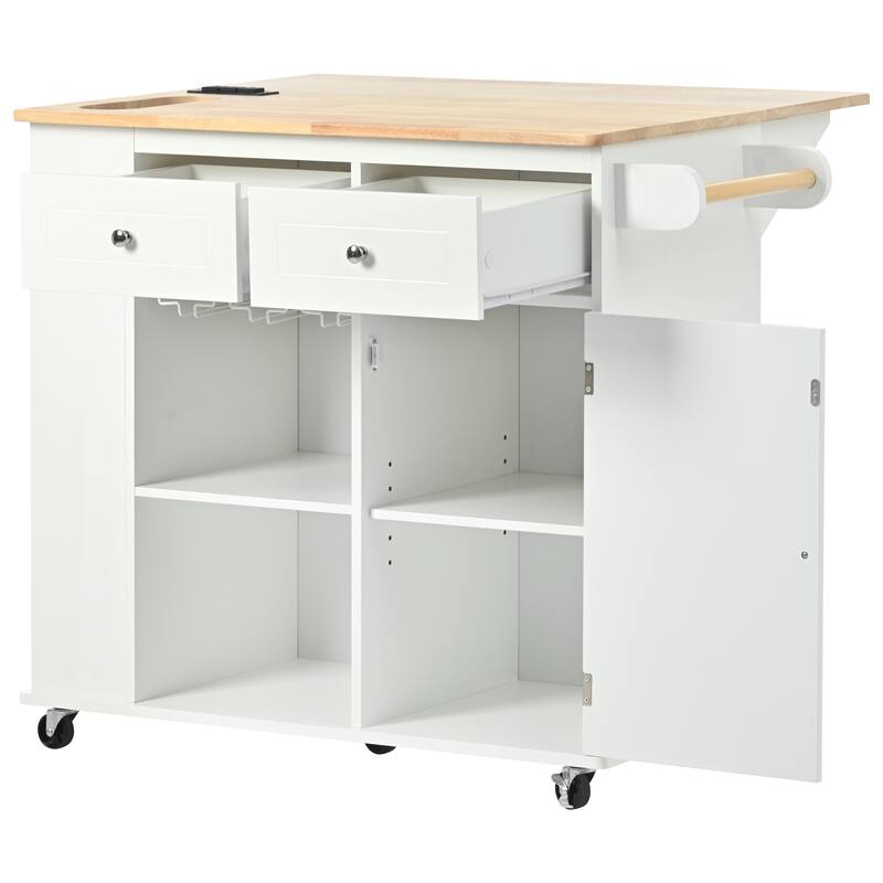 39.80'' Rubber wood Kitchen Island with Power Outlet, Drop Leaf, Adjustable Shelf and 2 Drawers - 39.8'' x 29.33'' x 33.7''