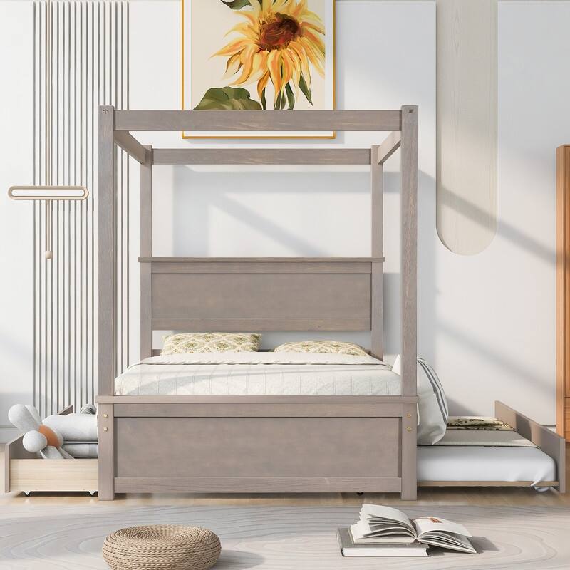 Full Size Wood Canopy Bed with Trundle and 2 Drawers